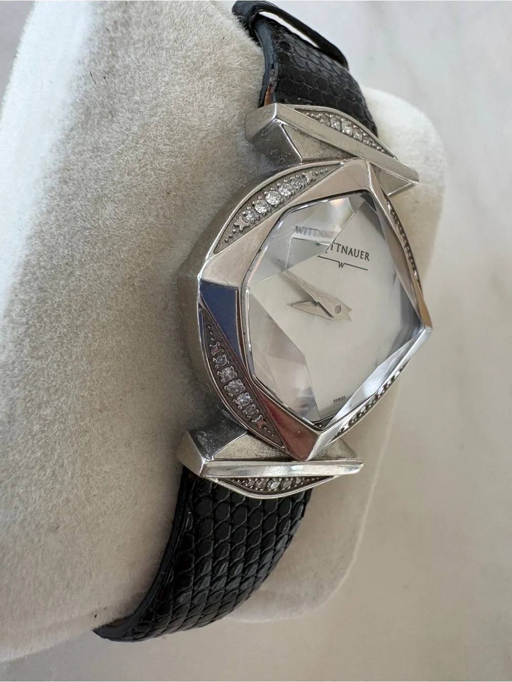 Wittnauer Silver Geometric Case Watch with Crystals and Black Leather Strap